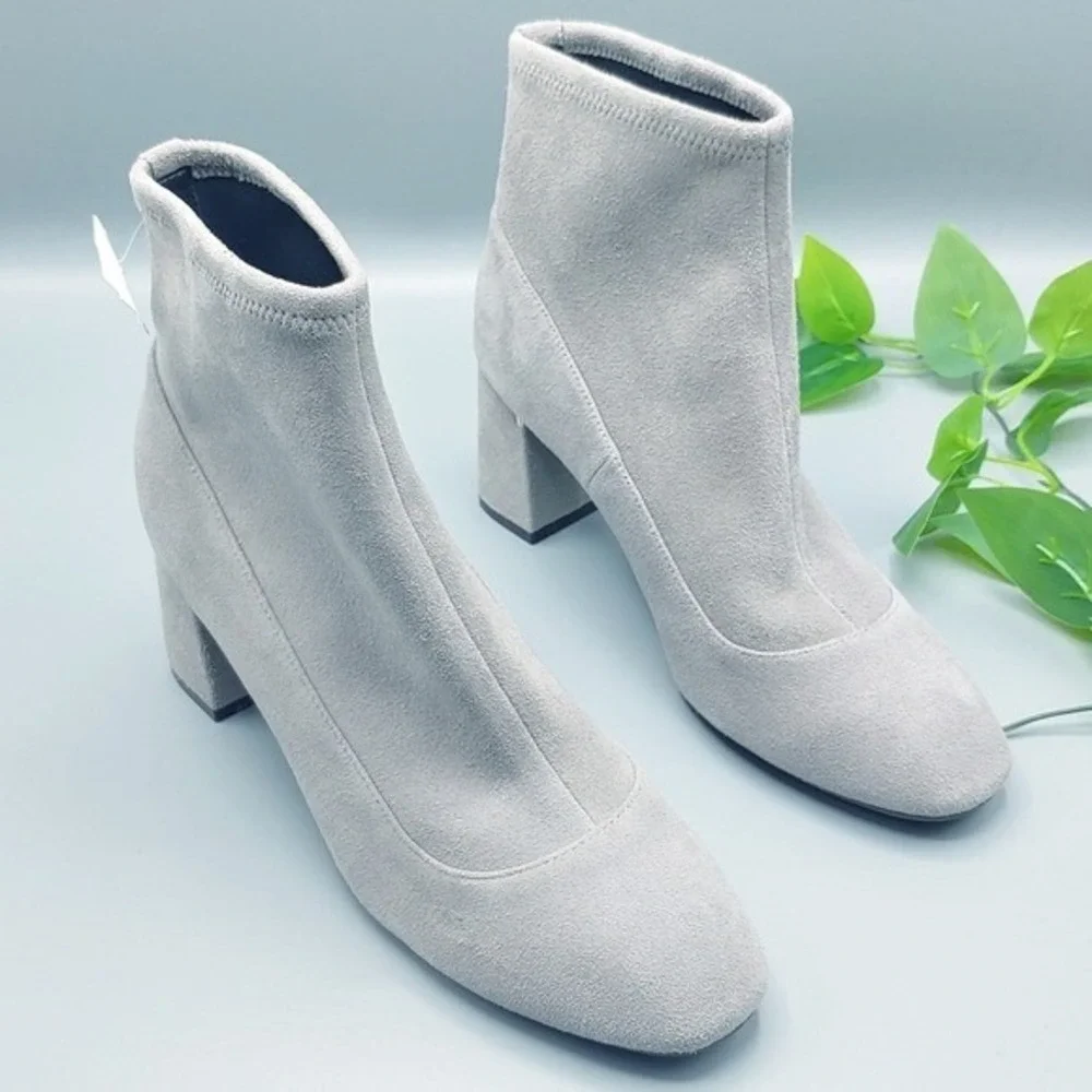 Cole Haan Suede Sock Ankle Boots Grey Block Heel Gold Detail  WMS7.5B